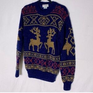 Vintage Northern Spirit Hand Knit Jacquard Deer Print Crew Neck Sweater S
